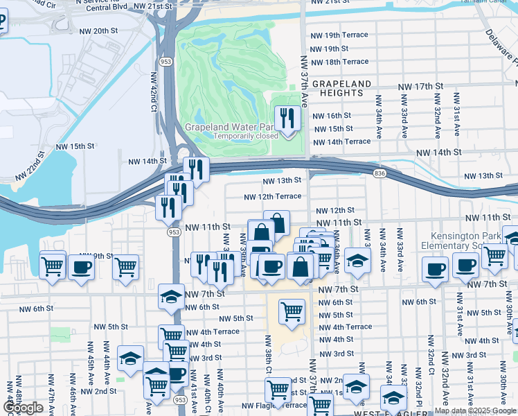 map of restaurants, bars, coffee shops, grocery stores, and more near 3801 Northwest 12th Street in Miami