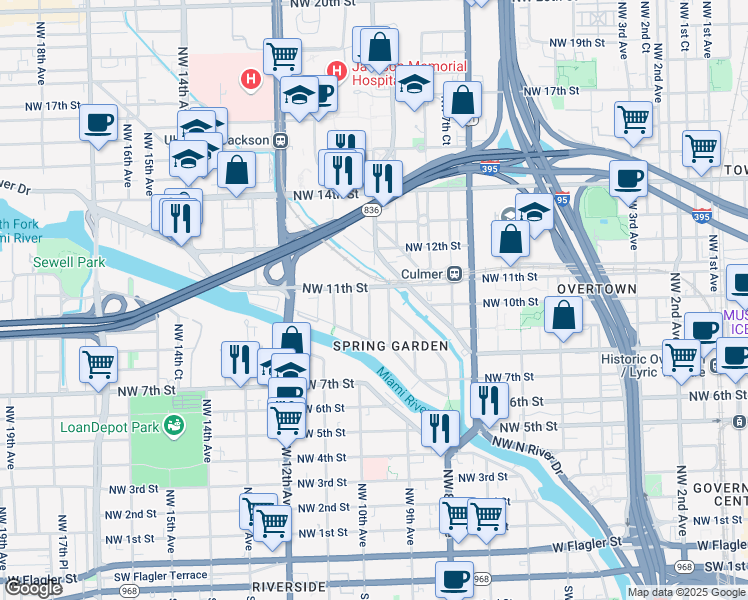map of restaurants, bars, coffee shops, grocery stores, and more near 1011 Northwest 10th Avenue in Miami