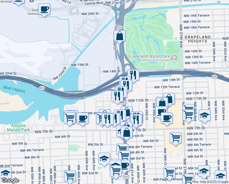 map of restaurants, bars, coffee shops, grocery stores, and more near 4259 Northwest 12th Street in Miami