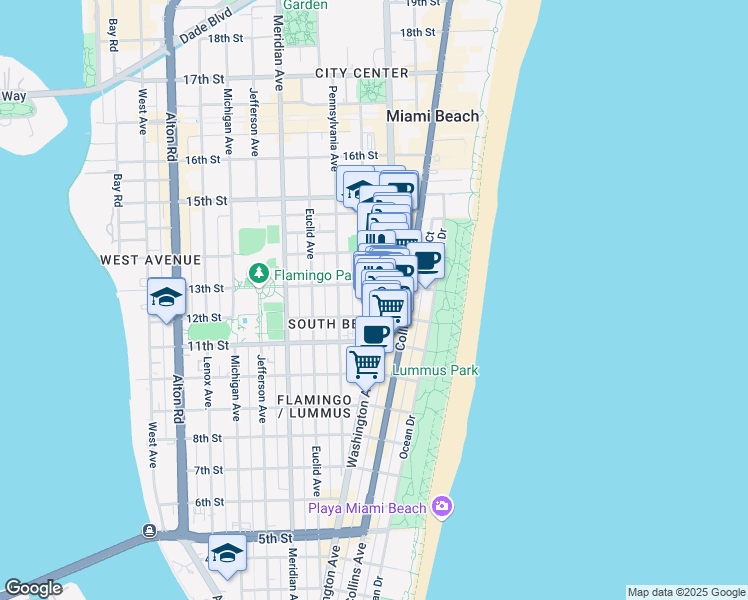 map of restaurants, bars, coffee shops, grocery stores, and more near 1226 Drexel Avenue in Miami Beach