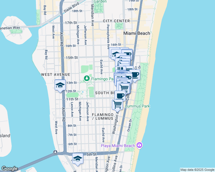 map of restaurants, bars, coffee shops, grocery stores, and more near 1228 Pennsylvania Avenue in Miami Beach