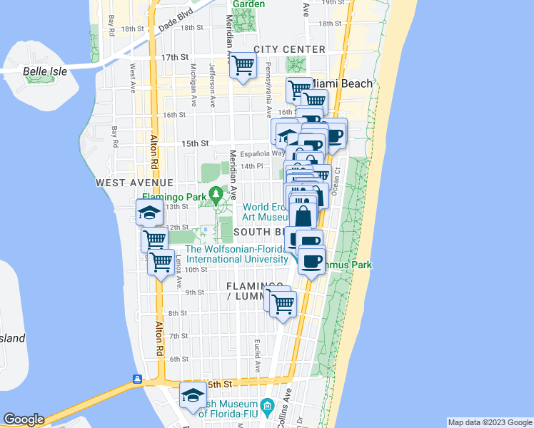 map of restaurants, bars, coffee shops, grocery stores, and more near 1234 Pennsylvania Avenue in Miami Beach