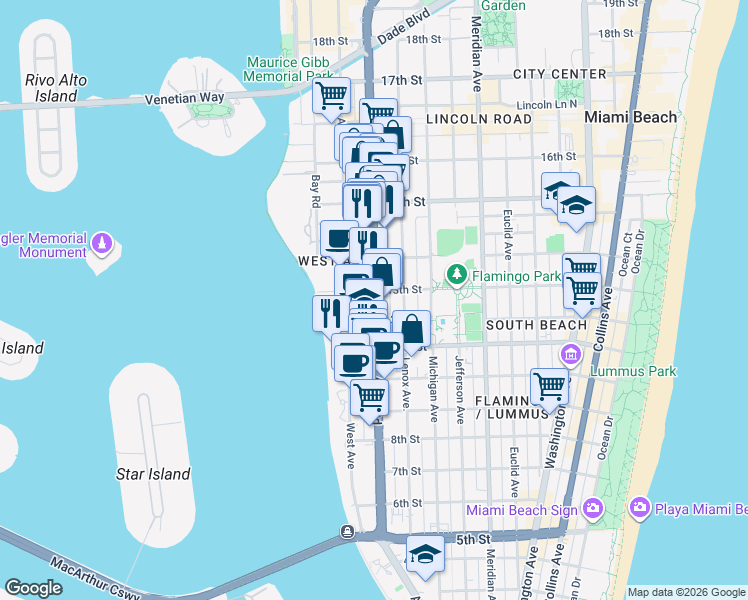 map of restaurants, bars, coffee shops, grocery stores, and more near 1239 Alton Road in Miami Beach