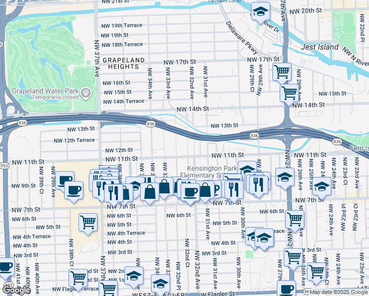 map of restaurants, bars, coffee shops, grocery stores, and more near 1136 Northwest 32nd Court in Miami