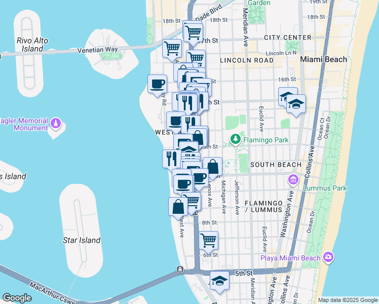 map of restaurants, bars, coffee shops, grocery stores, and more near 1242 Alton Road in Miami Beach