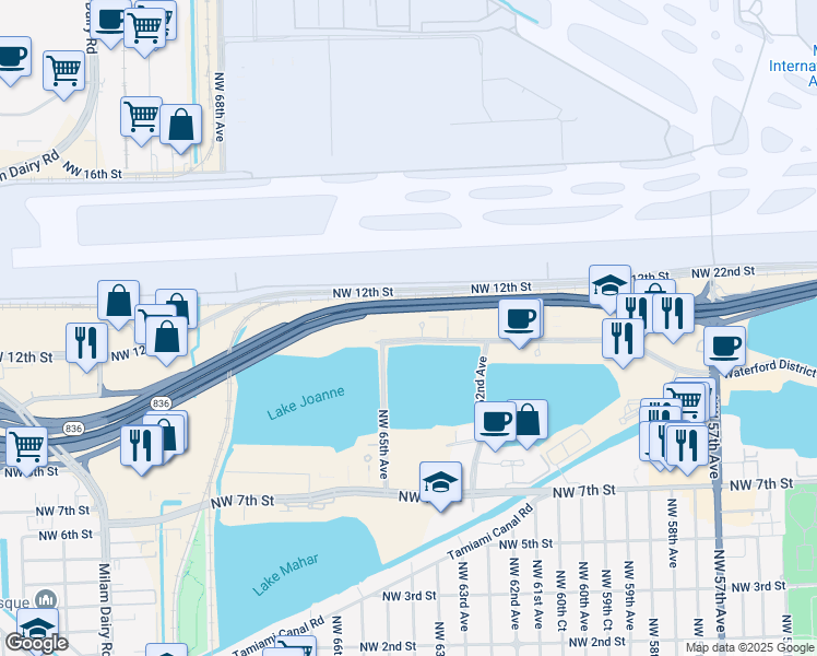 map of restaurants, bars, coffee shops, grocery stores, and more near 6303 Waterford District Drive in Miami