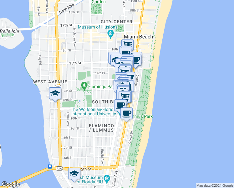 map of restaurants, bars, coffee shops, grocery stores, and more near 1220 Drexel Avenue in Miami Beach