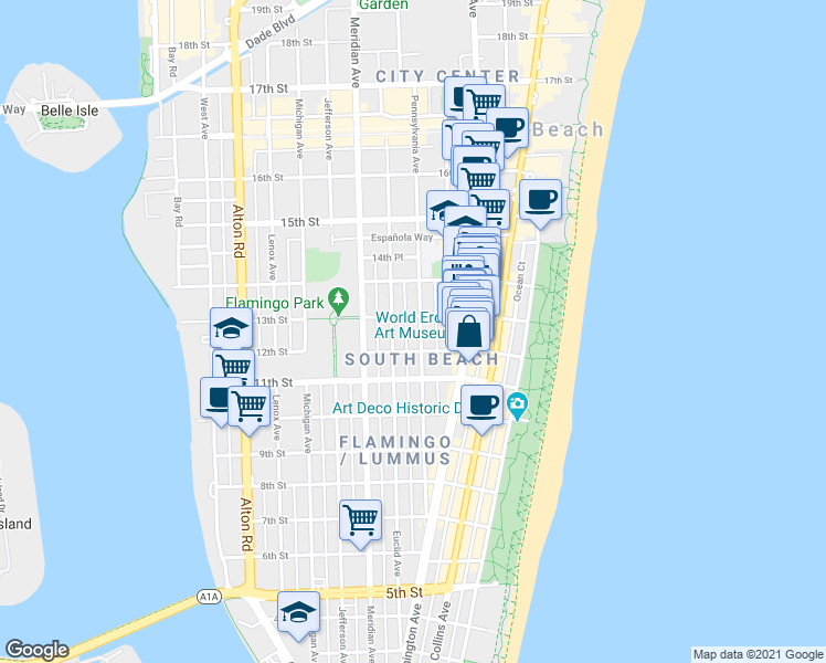 map of restaurants, bars, coffee shops, grocery stores, and more near 1228 Pennsylvania Avenue in Miami Beach