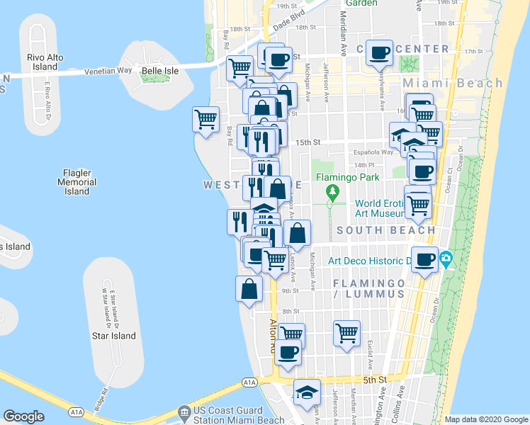 map of restaurants, bars, coffee shops, grocery stores, and more near 1245 West Avenue in Miami Beach