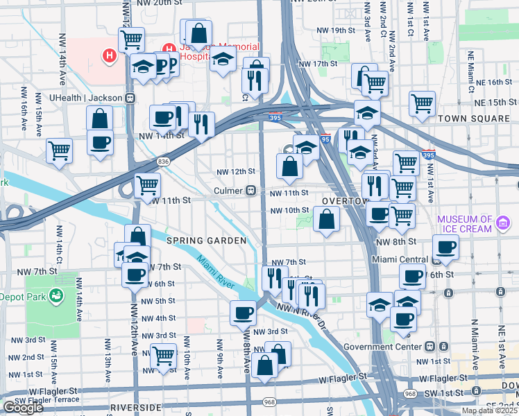 map of restaurants, bars, coffee shops, grocery stores, and more near 1001 Northwest 7th Avenue in Miami