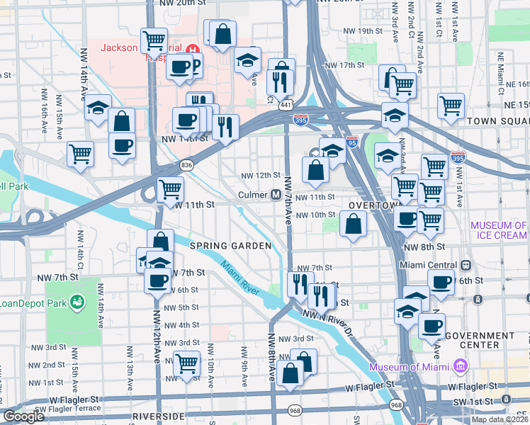map of restaurants, bars, coffee shops, grocery stores, and more near 751 Northwest 10th Street in Miami