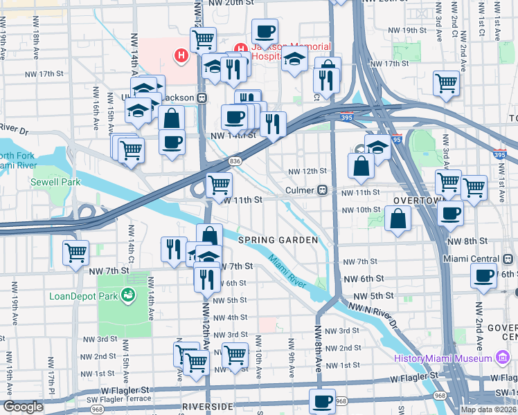 map of restaurants, bars, coffee shops, grocery stores, and more near 1011 Northwest 10th Avenue in Miami