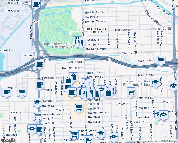 map of restaurants, bars, coffee shops, grocery stores, and more near 3615 Northwest 12th Street in Miami