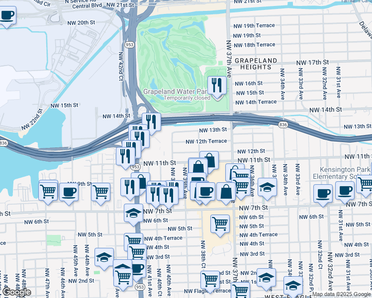 map of restaurants, bars, coffee shops, grocery stores, and more near 3931 Northwest 12th Street in Miami