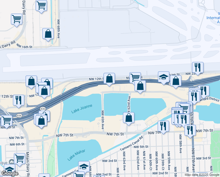 map of restaurants, bars, coffee shops, grocery stores, and more near 6303 Waterford District Drive in Miami