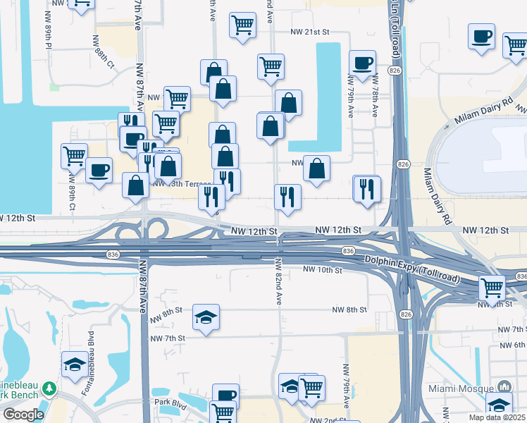 map of restaurants, bars, coffee shops, grocery stores, and more near 1212 Northwest 82nd Avenue in Miami