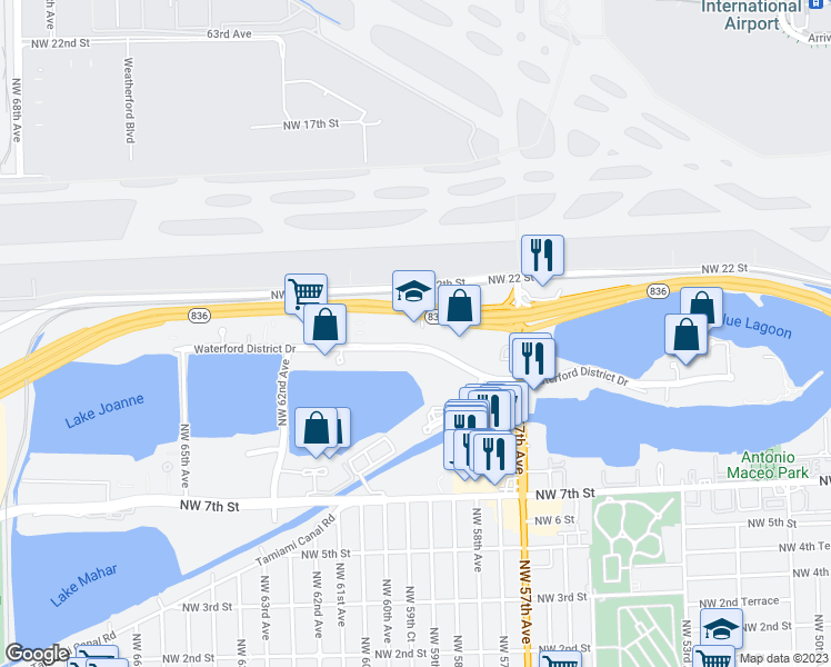 map of restaurants, bars, coffee shops, grocery stores, and more near 5805 Blue Lagoon Drive in Miami