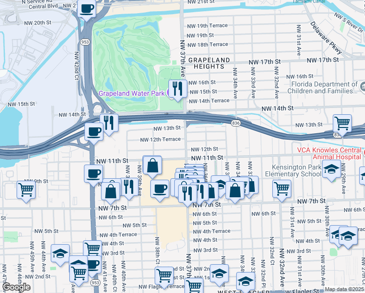 map of restaurants, bars, coffee shops, grocery stores, and more near 1200 Northwest 37th Avenue in Miami