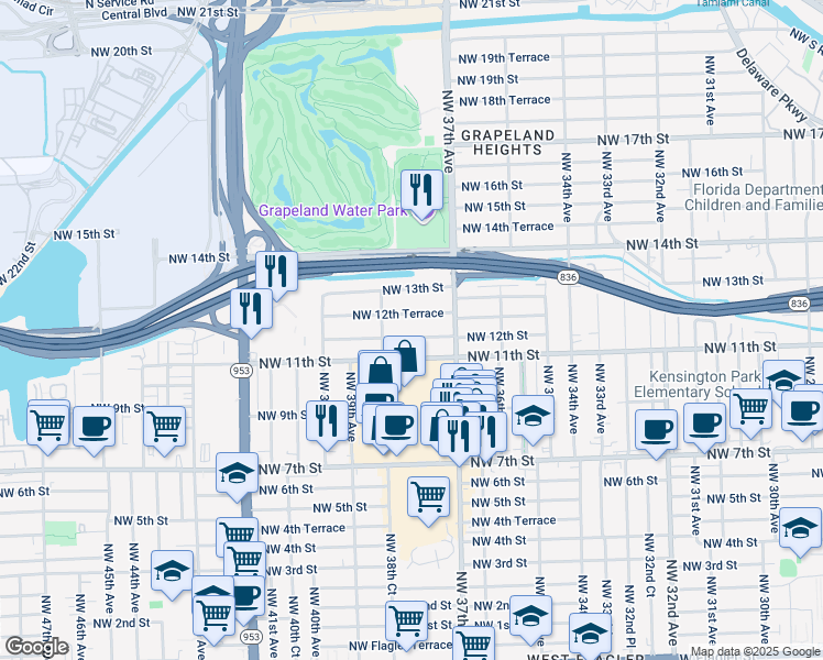 map of restaurants, bars, coffee shops, grocery stores, and more near 3751 Northwest 12th Street in Miami