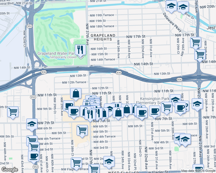 map of restaurants, bars, coffee shops, grocery stores, and more near 3535 Northwest 12th Street in Miami