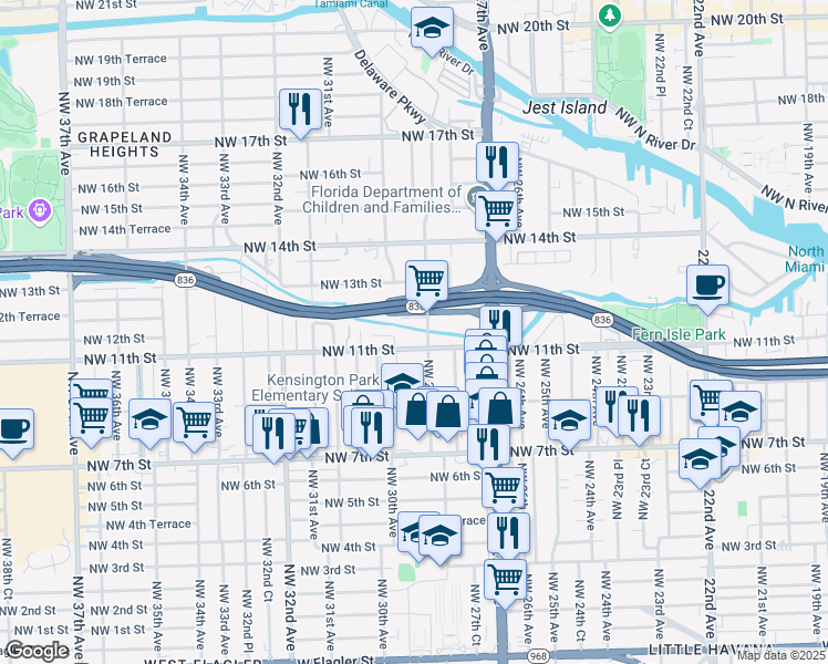 map of restaurants, bars, coffee shops, grocery stores, and more near 1140-1142 NW 29th Ave in Miami