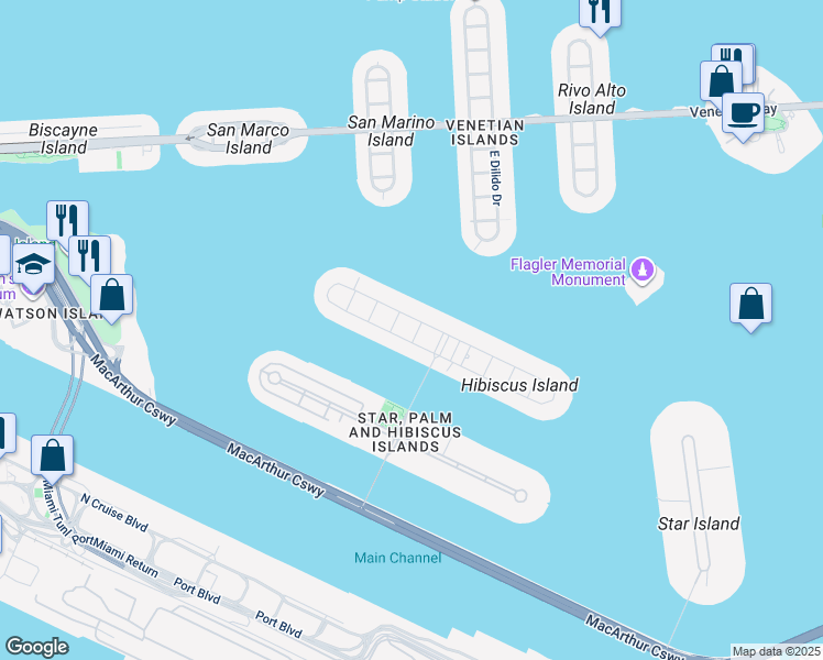 map of restaurants, bars, coffee shops, grocery stores, and more near 117 West 1st Court in Miami Beach