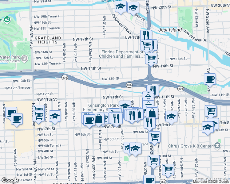 map of restaurants, bars, coffee shops, grocery stores, and more near 3030 Northwest 11th Terrace in Miami