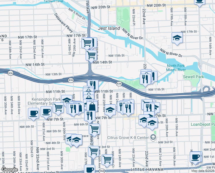 map of restaurants, bars, coffee shops, grocery stores, and more near 1111 Northwest 24th Court in Miami