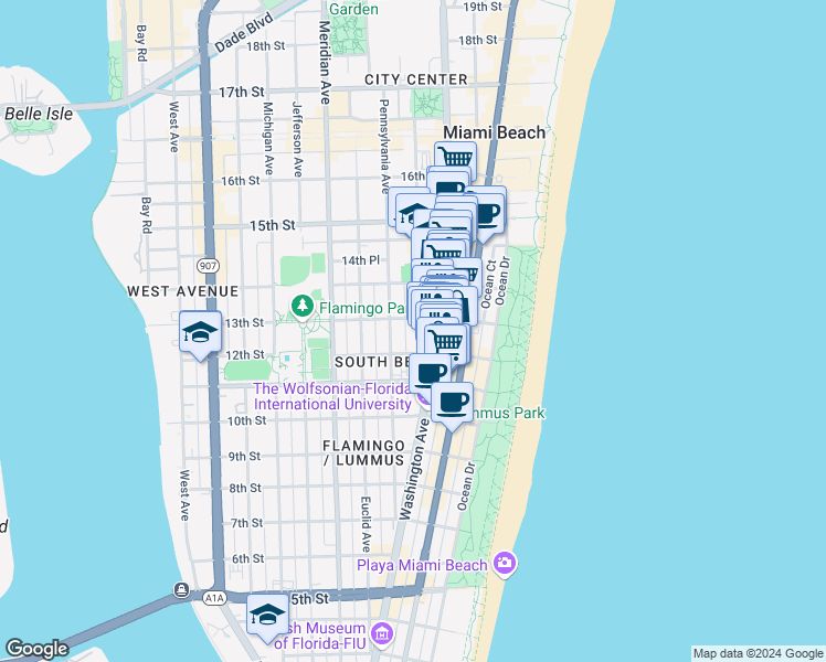 map of restaurants, bars, coffee shops, grocery stores, and more near 1220 Drexel Avenue in Miami Beach