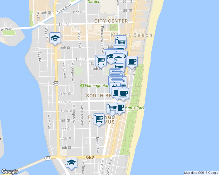 map of restaurants, bars, coffee shops, grocery stores, and more near 1220 Drexel Avenue in Miami Beach