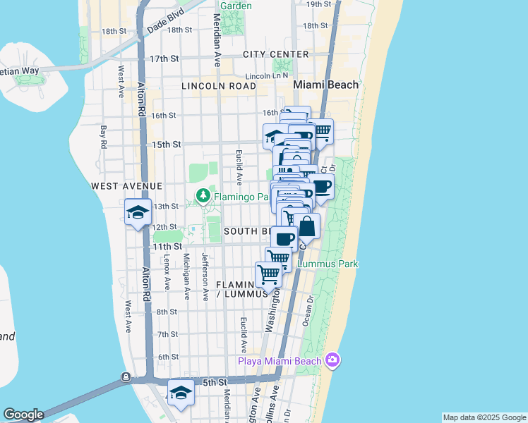 map of restaurants, bars, coffee shops, grocery stores, and more near 1228 Pennsylvania Avenue in Miami Beach