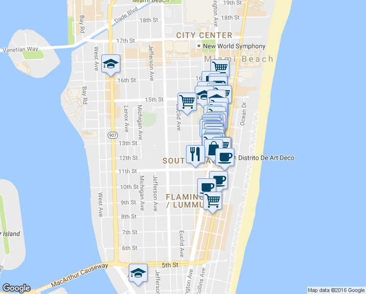 map of restaurants, bars, coffee shops, grocery stores, and more near 1228 Pennsylvania Avenue in Miami Beach