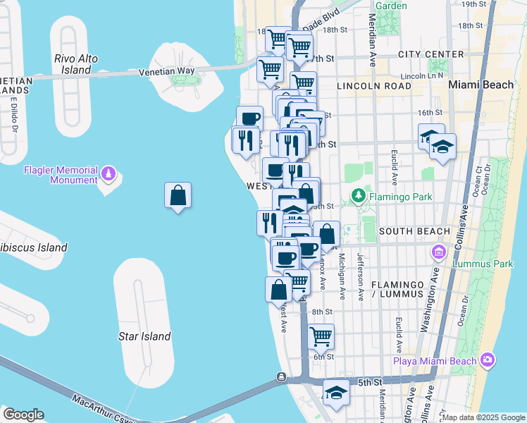 map of restaurants, bars, coffee shops, grocery stores, and more near 1250 West Avenue in Miami Beach