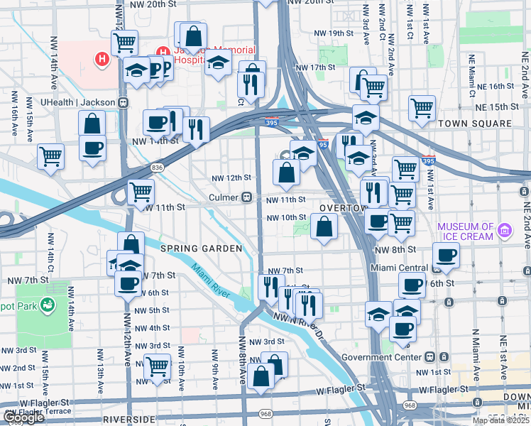map of restaurants, bars, coffee shops, grocery stores, and more near 1001 Northwest 7th Avenue in Miami