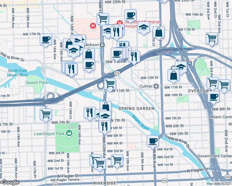 map of restaurants, bars, coffee shops, grocery stores, and more near 1035 Northwest 11th Avenue in Miami