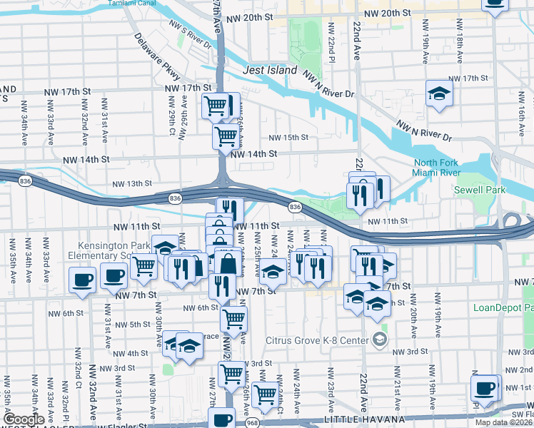 map of restaurants, bars, coffee shops, grocery stores, and more near 1111 Northwest 24th Court in Miami