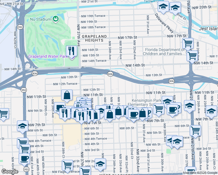 map of restaurants, bars, coffee shops, grocery stores, and more near 1138 Northwest 34th Avenue in Miami