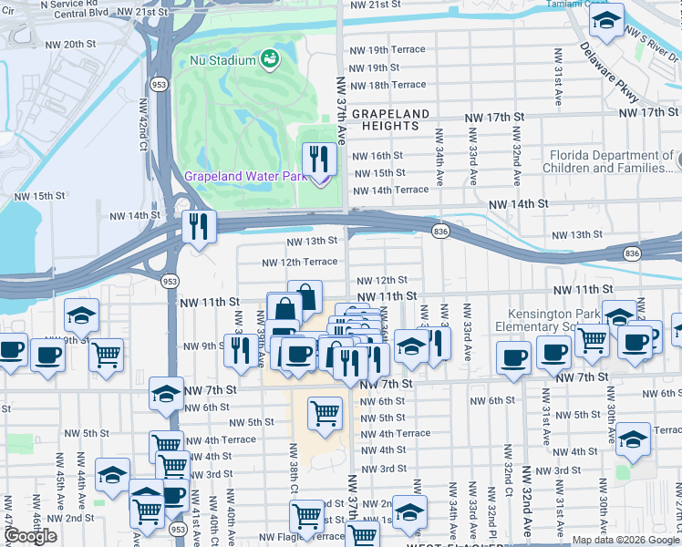 map of restaurants, bars, coffee shops, grocery stores, and more near 1200 Northwest 37th Avenue in Miami