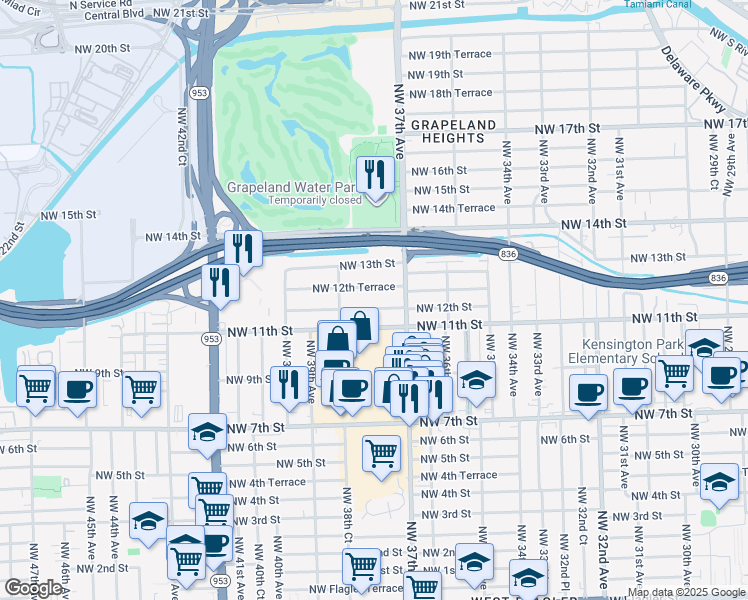 map of restaurants, bars, coffee shops, grocery stores, and more near 3751 Northwest 12th Street in Miami
