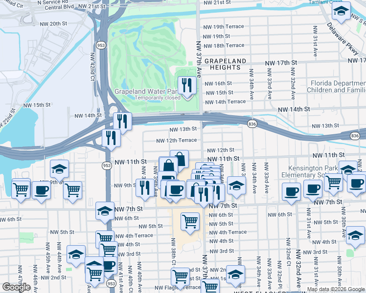 map of restaurants, bars, coffee shops, grocery stores, and more near 3751 Northwest 12th Street in Miami