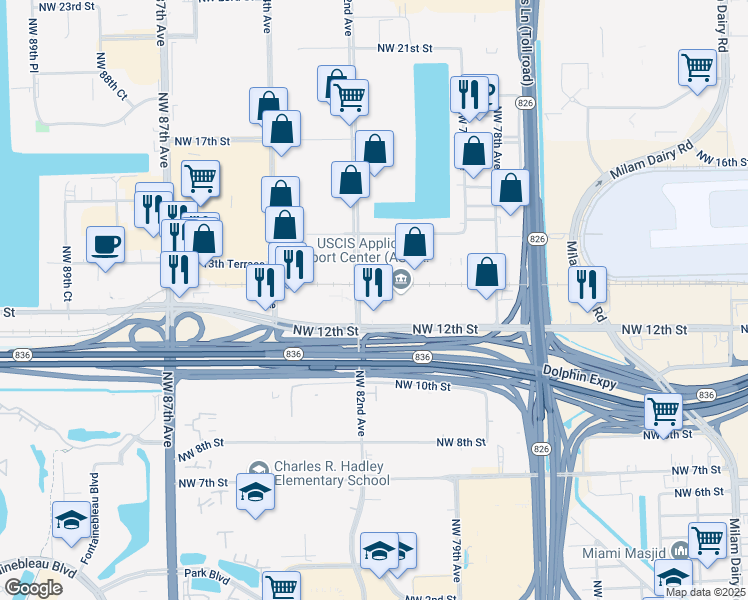 map of restaurants, bars, coffee shops, grocery stores, and more near 8191 Northwest 12th Street in Doral