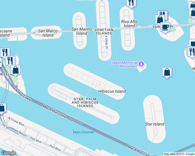 map of restaurants, bars, coffee shops, grocery stores, and more near 205 North Hibiscus Drive in Miami Beach