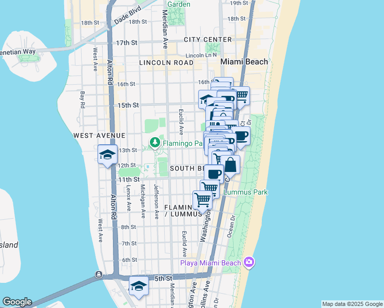 map of restaurants, bars, coffee shops, grocery stores, and more near 1228 Pennsylvania Avenue in Miami Beach