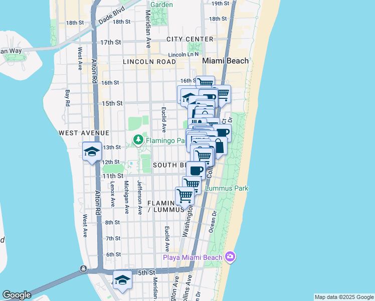 map of restaurants, bars, coffee shops, grocery stores, and more near 1220 Drexel Avenue in Miami Beach