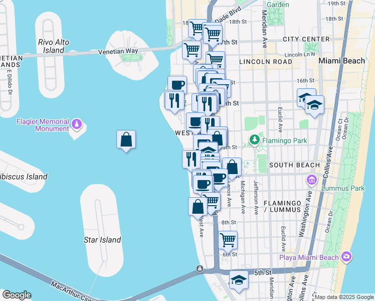 map of restaurants, bars, coffee shops, grocery stores, and more near 1250 West Avenue in Miami Beach