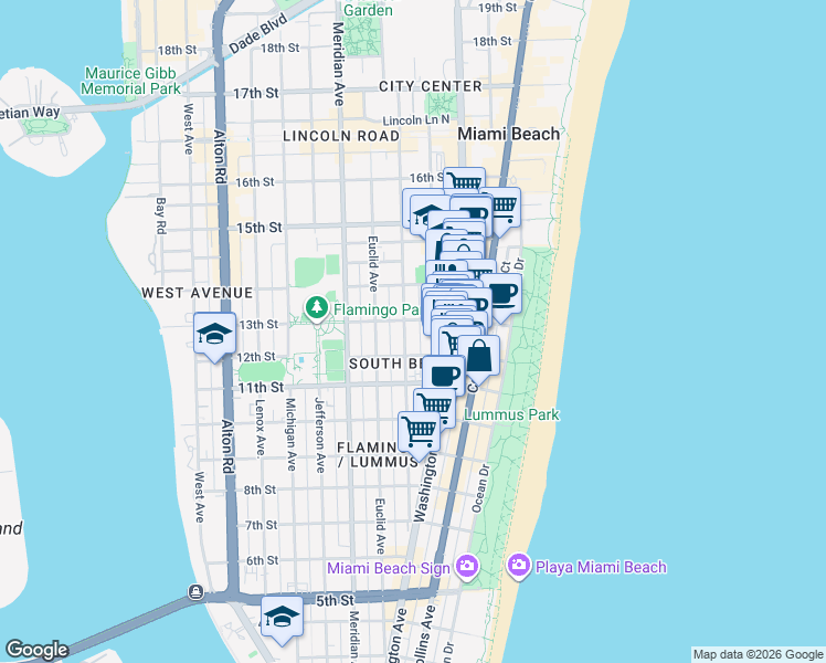 map of restaurants, bars, coffee shops, grocery stores, and more near 1228 Pennsylvania Avenue in Miami Beach