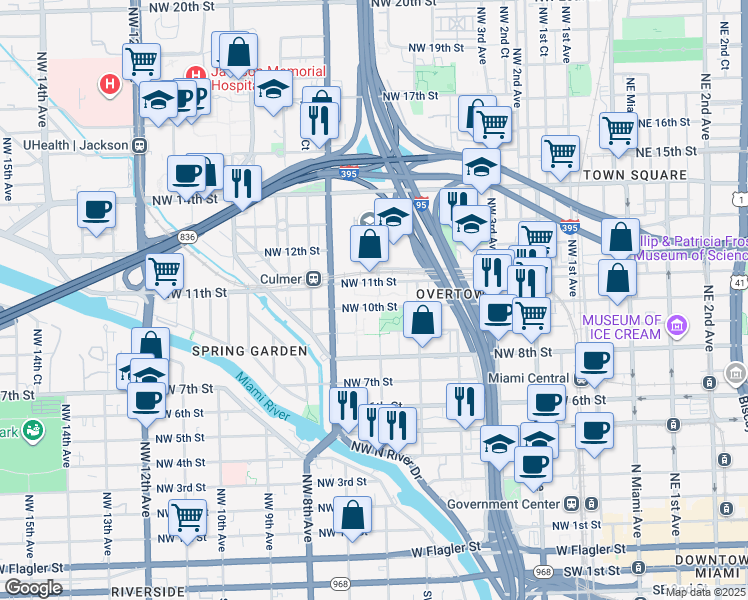 map of restaurants, bars, coffee shops, grocery stores, and more near 603 Northwest 10th Street in Miami