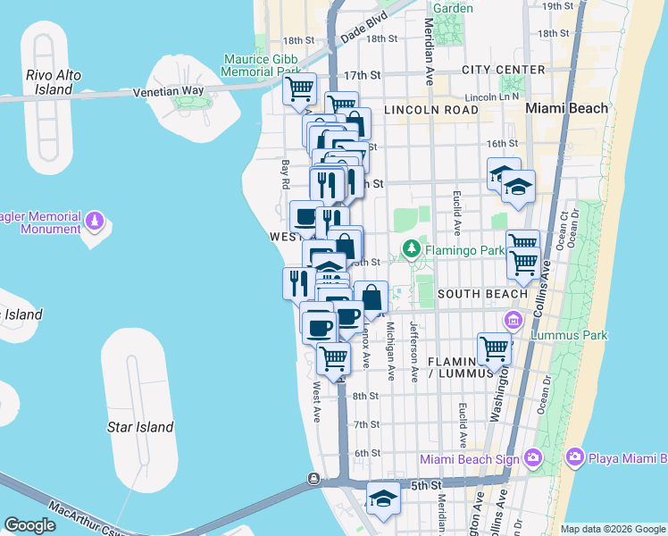 map of restaurants, bars, coffee shops, grocery stores, and more near 1239 Alton Road in Miami Beach