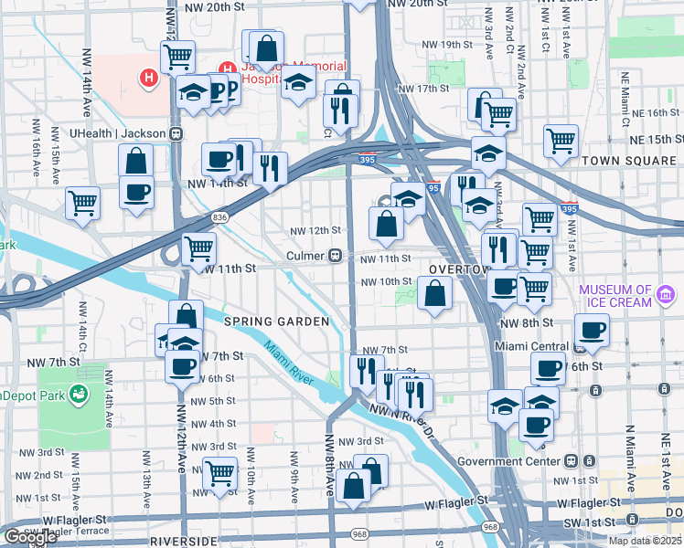 map of restaurants, bars, coffee shops, grocery stores, and more near 1001 Northwest 7th Avenue in Miami