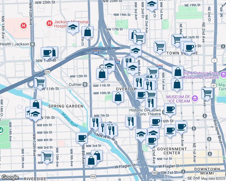 map of restaurants, bars, coffee shops, grocery stores, and more near 501 Northwest 10th Street in Miami